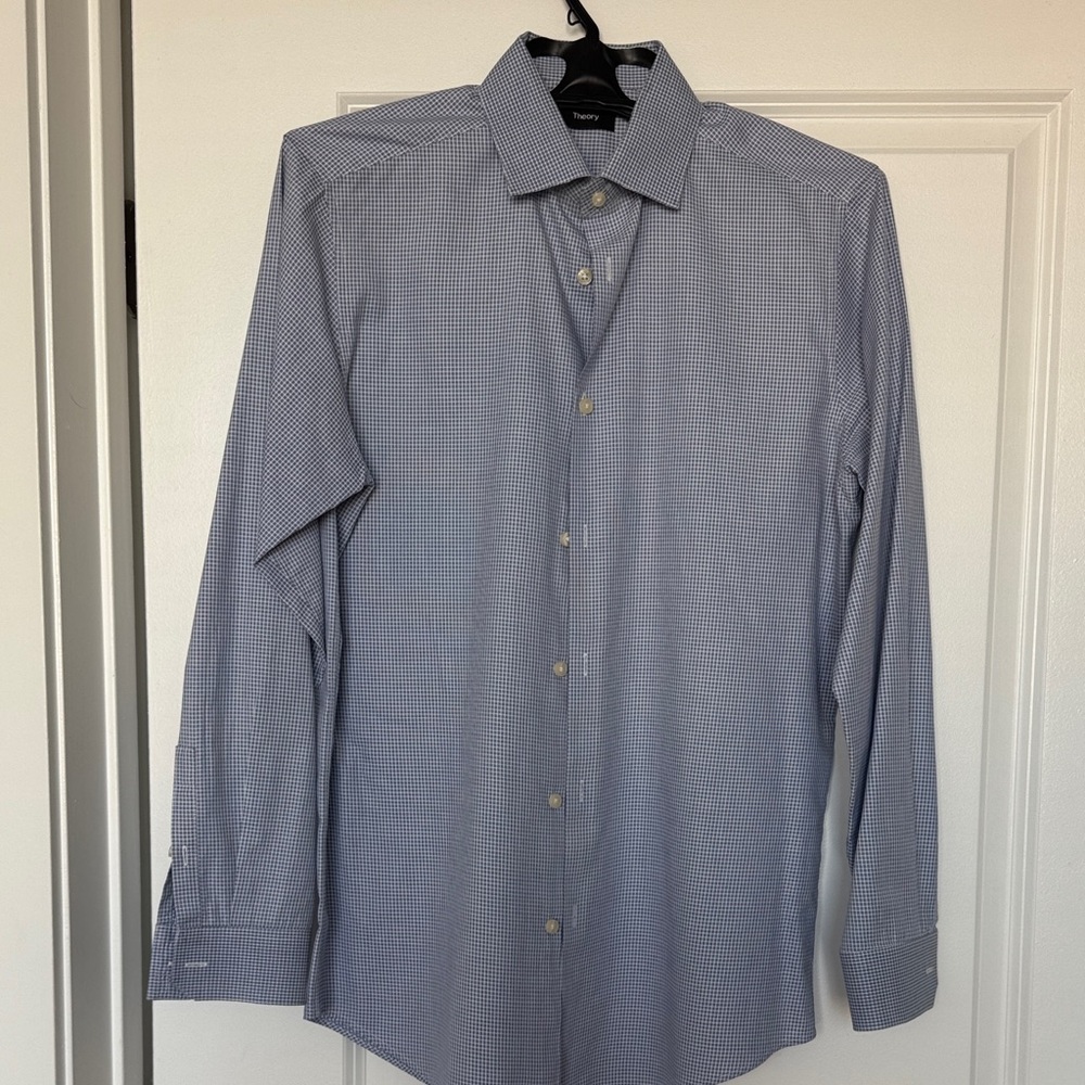 Theory Men's Navy Checkered Dress Shirt